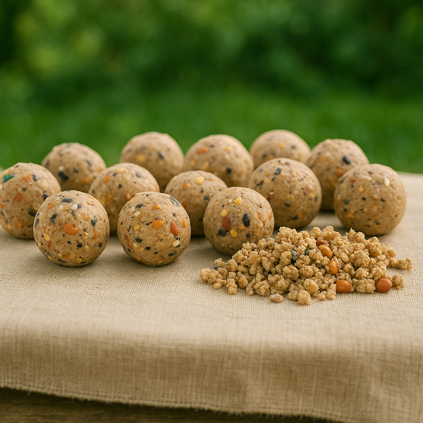13 Hand rolled suet balls displayed in garden